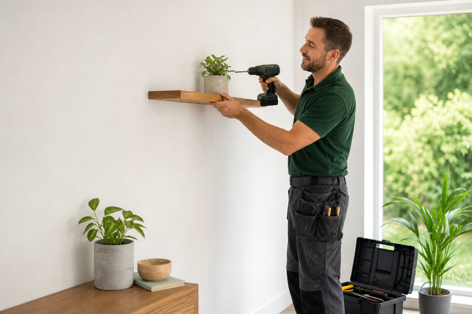 Local handyman fitting a shelf in a bright home